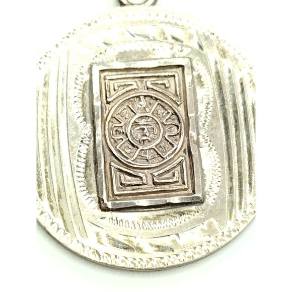 Sterling Silver Aztec Deity Round Pendant Necklace MEXICO STAMPED 17.5" - Picture 10 of 11